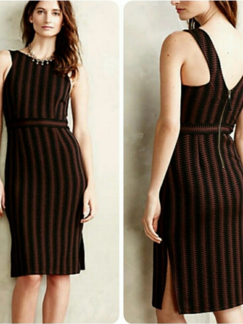 Anthropologie Maeve Meridian Pencil Dress-Black/Brown Zig Zag